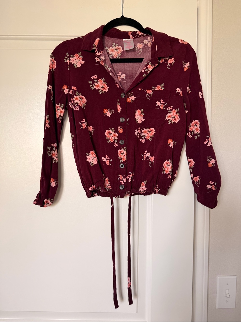 No Boundaries Burgundy Floral Button-Up Top with Pink Blooms